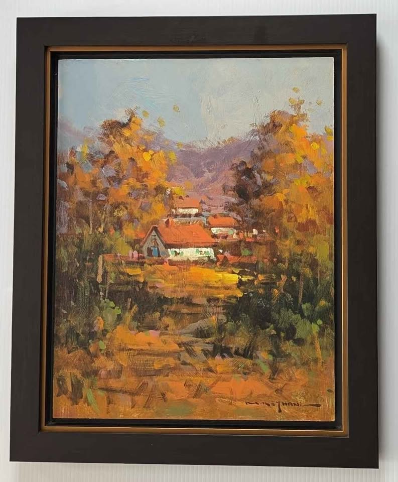 Mostafa Keyhani Original Oil Painting, Autumn Cottages - Iranian Canadian Artist