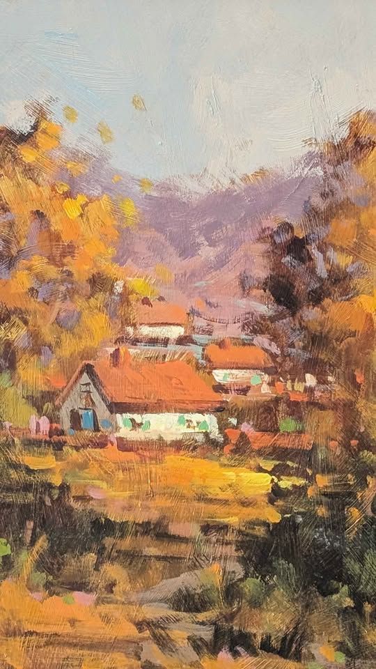 Mostafa Keyhani Original Oil Painting, Autumn Cottages - Iranian Canadian Artist
