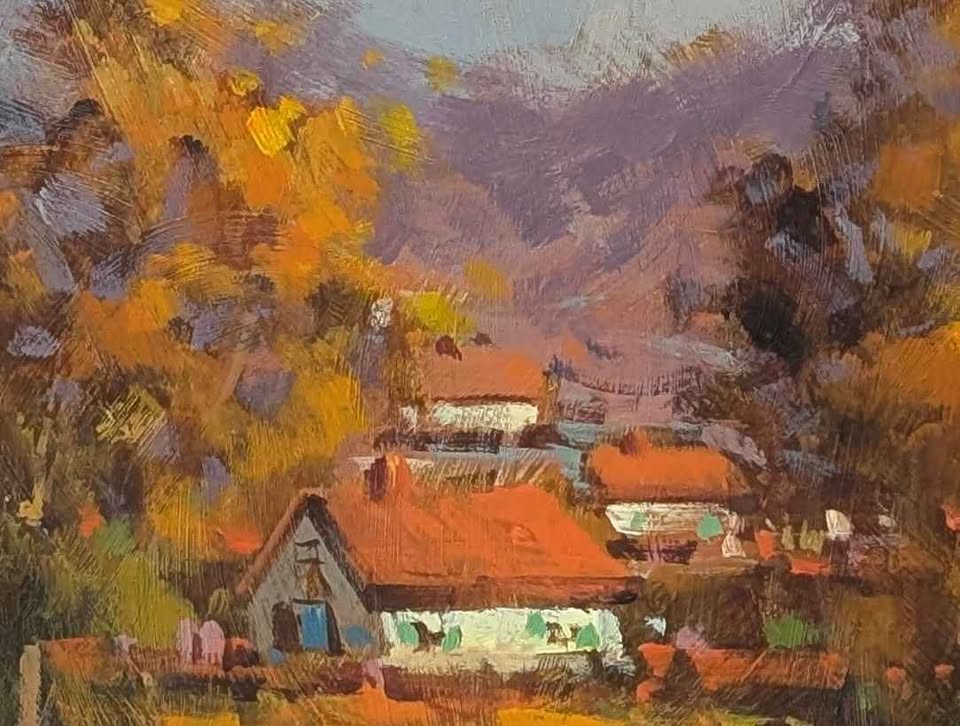 Mostafa Keyhani Original Oil Painting, Autumn Cottages - Iranian Canadian Artist