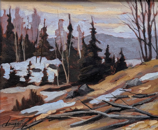Claude Langevin Oil painting, "Dernierres Traces De Neige"- Canadian Art