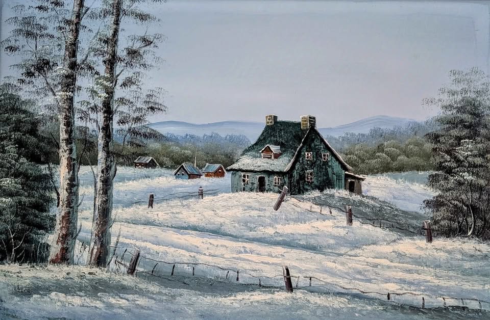 Large Winter Landscape Painting in Gallery Wood Frame
