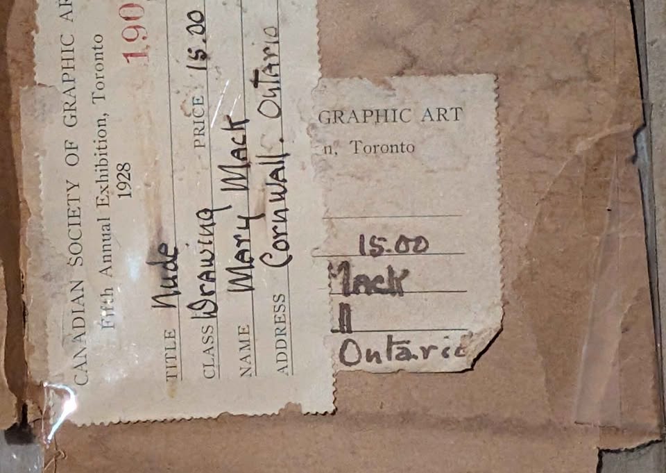 Antique Nude Sketch by Mary Mack, RCA, with 1928 Exhibition Label - Canadian Art