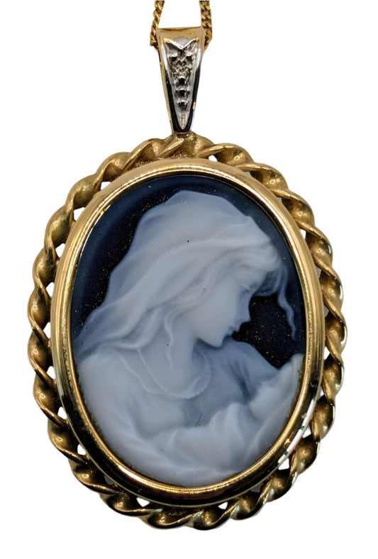 VTG Italian 10k gold & Diamond Necklace; Mother and Child Cameo on black agate - Rare Find!