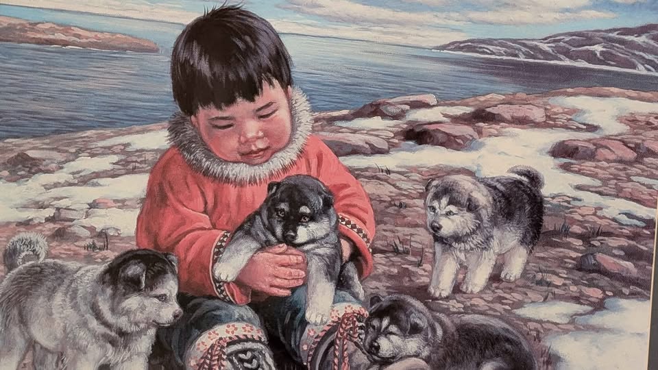 Nori Peter, Decorative Art Print of Child and Husky Puppies - Canadian Art