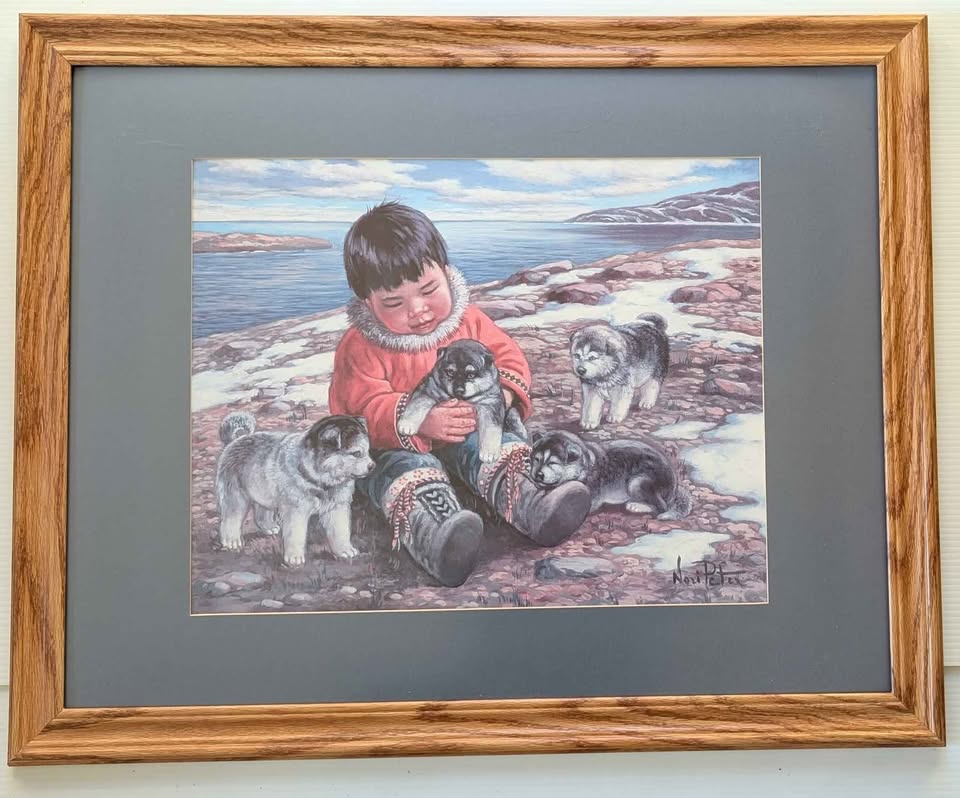 Nori Peter, Decorative Art Print of Child and Husky Puppies - Canadian Art