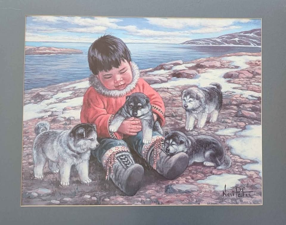Nori Peter, Decorative Art Print of Child and Husky Puppies - Canadian Art