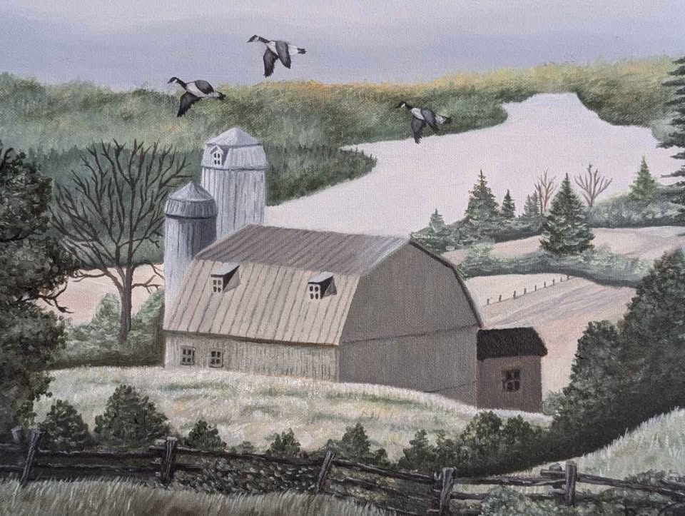 Signed Folk Art - Original Painting of a Farm by the River