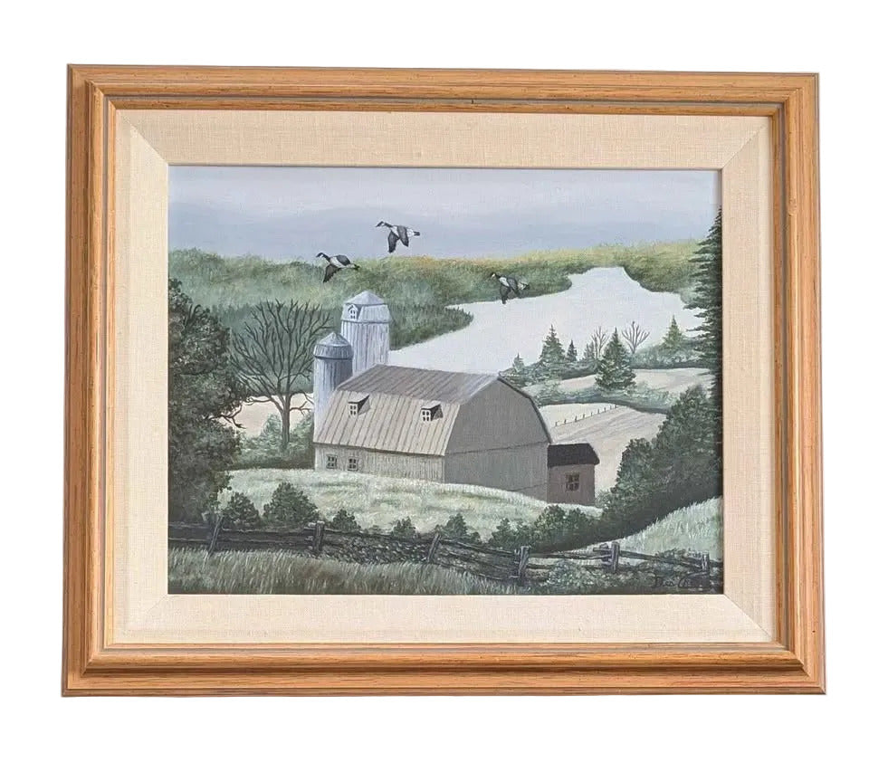 Signed Folk Art - Original Painting of a Farm by the River