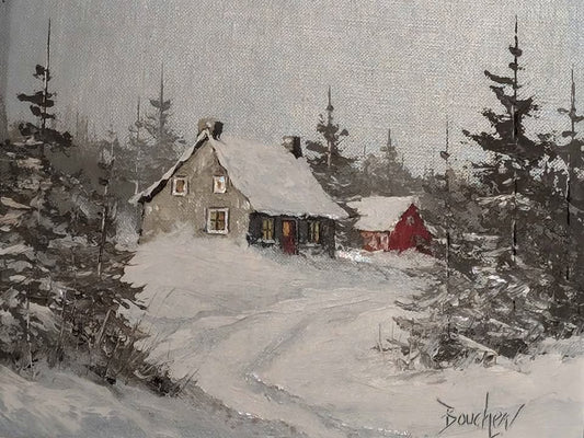 Pierre Boucher, Oil Painting of Winter Cottage- Canadian Art