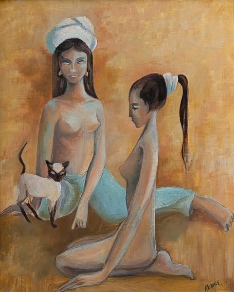 Nude Portrait Original Oil Painting  Signed Renals - Vintage Art