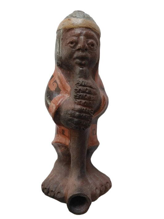 VTG Terra Cotta Statue 10" Wind Instrument, Signed - South American