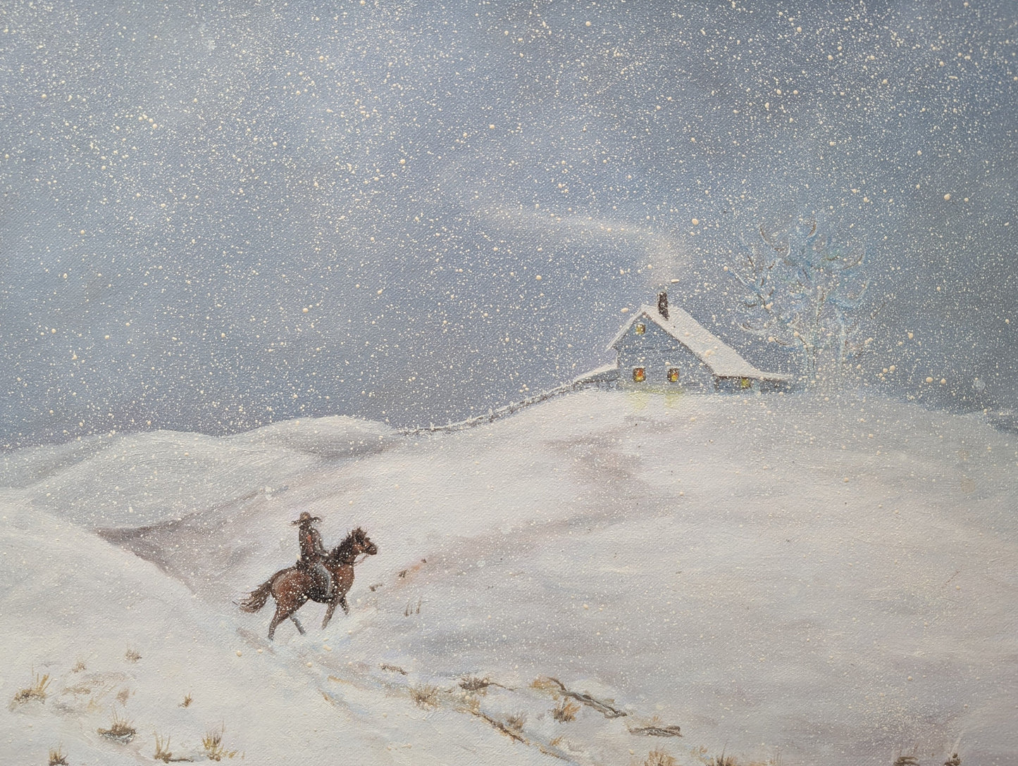 Signed Painting of RCMP Officer on Horseback - Canadian Winter Painting