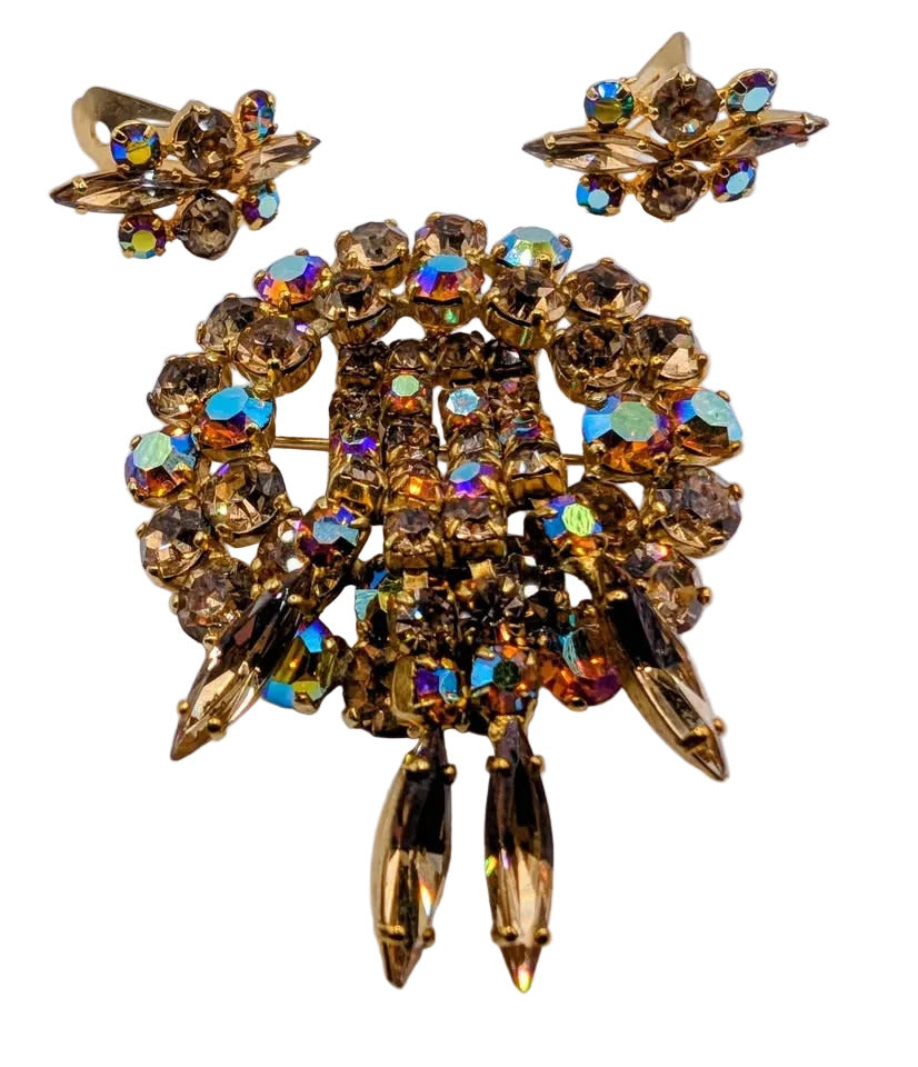 Amber Waterfall; Vintage Amber AB Crystal Brooch & Earring Set