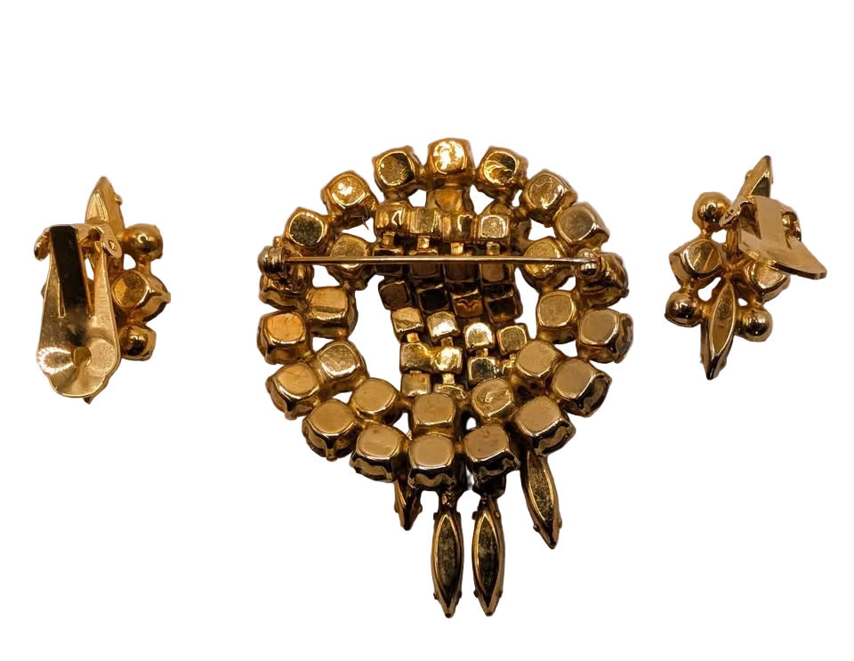 Amber Waterfall; Vintage Amber AB Crystal Brooch & Earring Set