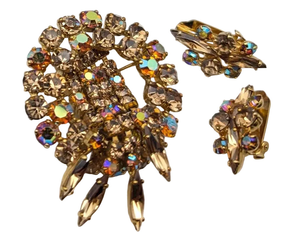 Amber Waterfall; Vintage Amber AB Crystal Brooch & Earring Set