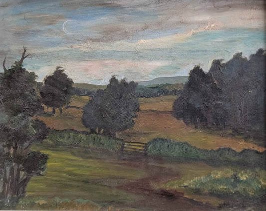 Folk Art - Original Painting of Crescent Moon over Landscape