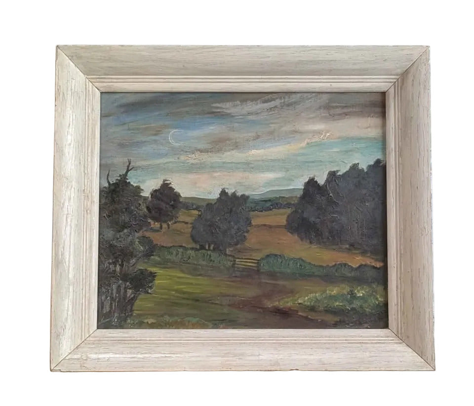 Folk Art - Original Painting of Crescent Moon over Landscape