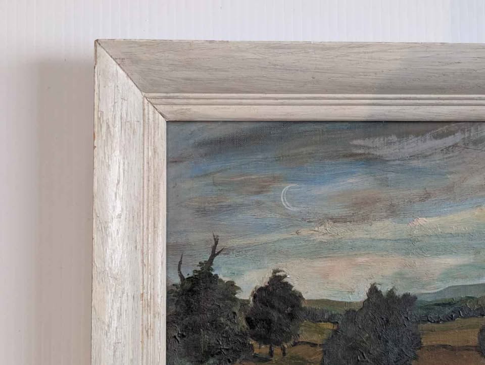 Folk Art - Original Painting of Crescent Moon over Landscape