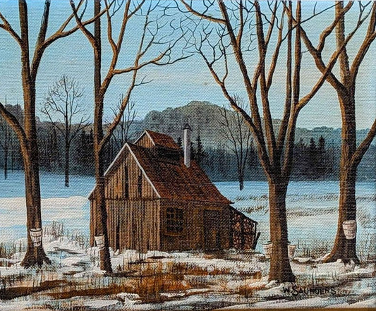 Bill (William) Saunders, Original painting of Sugar Shack in Winter - Canadian Art